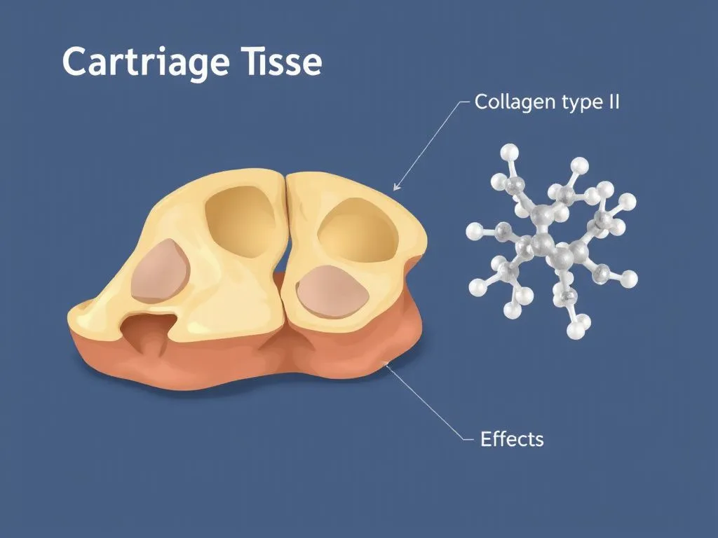 Illustration of cartilage tissue and molecular representation of collagen type II, highlighting therapeutic effects, scientific and educational style