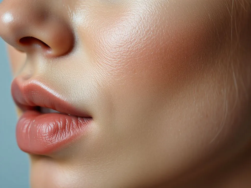 Close-up of a youthful face with smooth texture and healthy glow, focus on skin elasticity and fullness, professional photography style Close-up of a youthful face with smooth texture and healthy glow, focus on skin elasticity and fullness, professional photography style