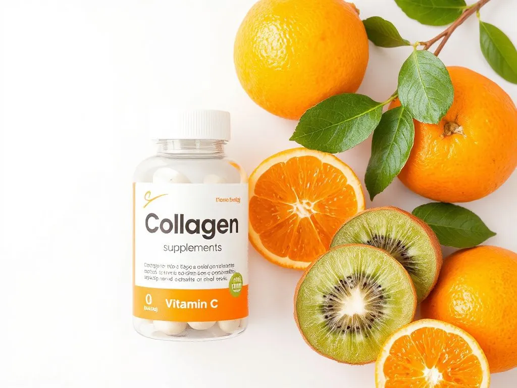 Collagen supplements bottle beside fresh fruits like oranges and kiwis representing Vitamin C, well-composed, clean background, high quality Collagen supplements bottle beside fresh fruits like oranges and kiwis representing Vitamin C, well-composed, clean background, high quality
