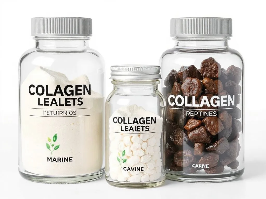 Glass containers with collagen peptides from various sources like marine and bovine, detailed, high quality, well-lit Glass containers with collagen peptides from various sources like marine and bovine, detailed, high quality, well-lit