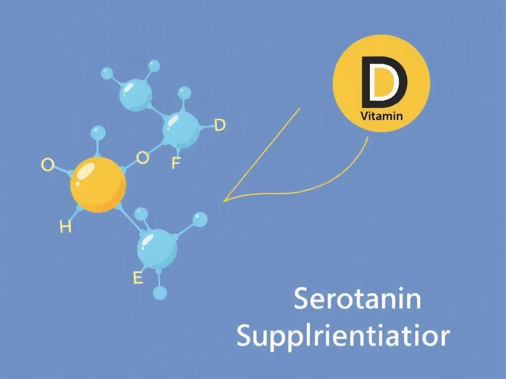 Illustration of serotonin molecules and their connection to Vitamin D supplementation