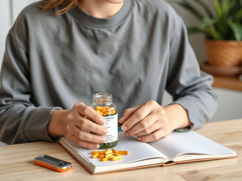 Image of a person gradually incorporating supplements into a daily routine, maintaining a diary of mental health markers