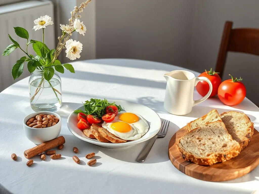 A serene morning routine with healthy Mediterranean-style breakfast to complement brain supplements