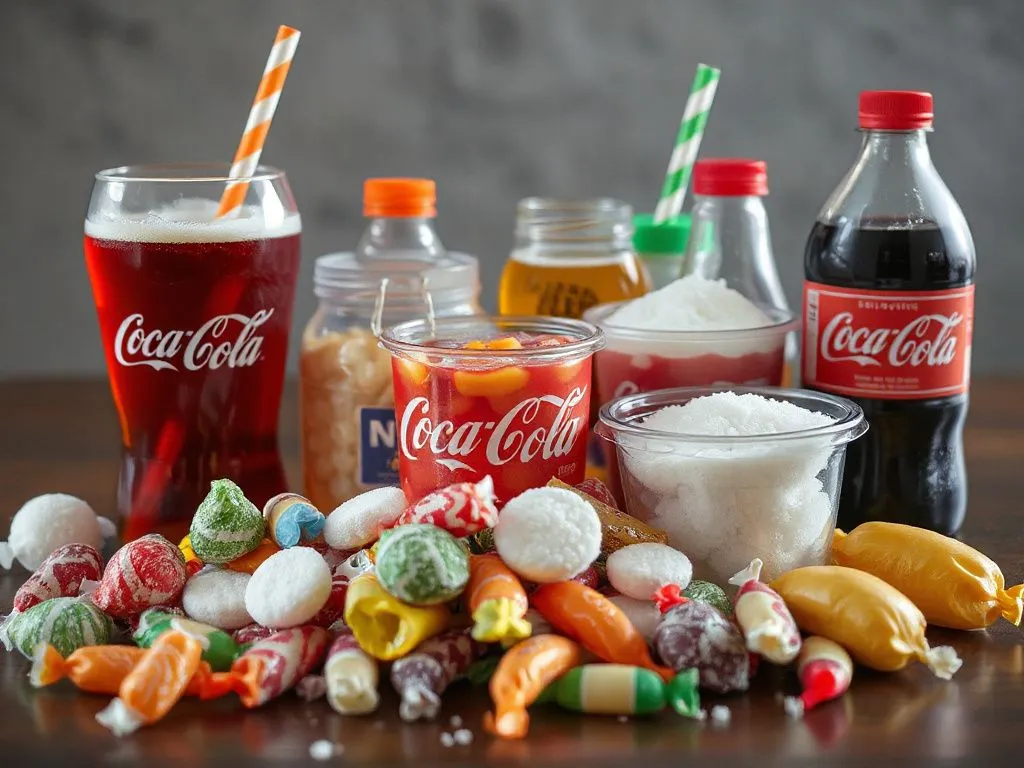 High-quality image of sugary items like candies and soda drinks, showcasing them in an unhealthy lifestyle setting