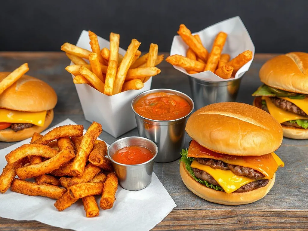 Image showing fried foods and fast food like french fries and burgers, set in an unhealthy eating context