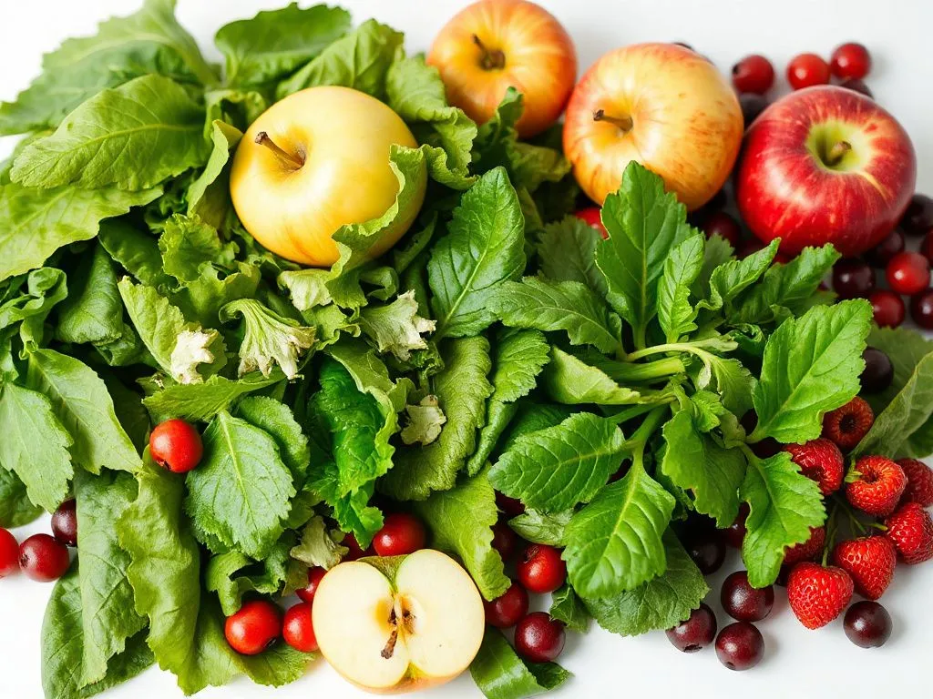Vivid image of fresh leafy greens and fruits like apples and berries, set in a healthy, natural display