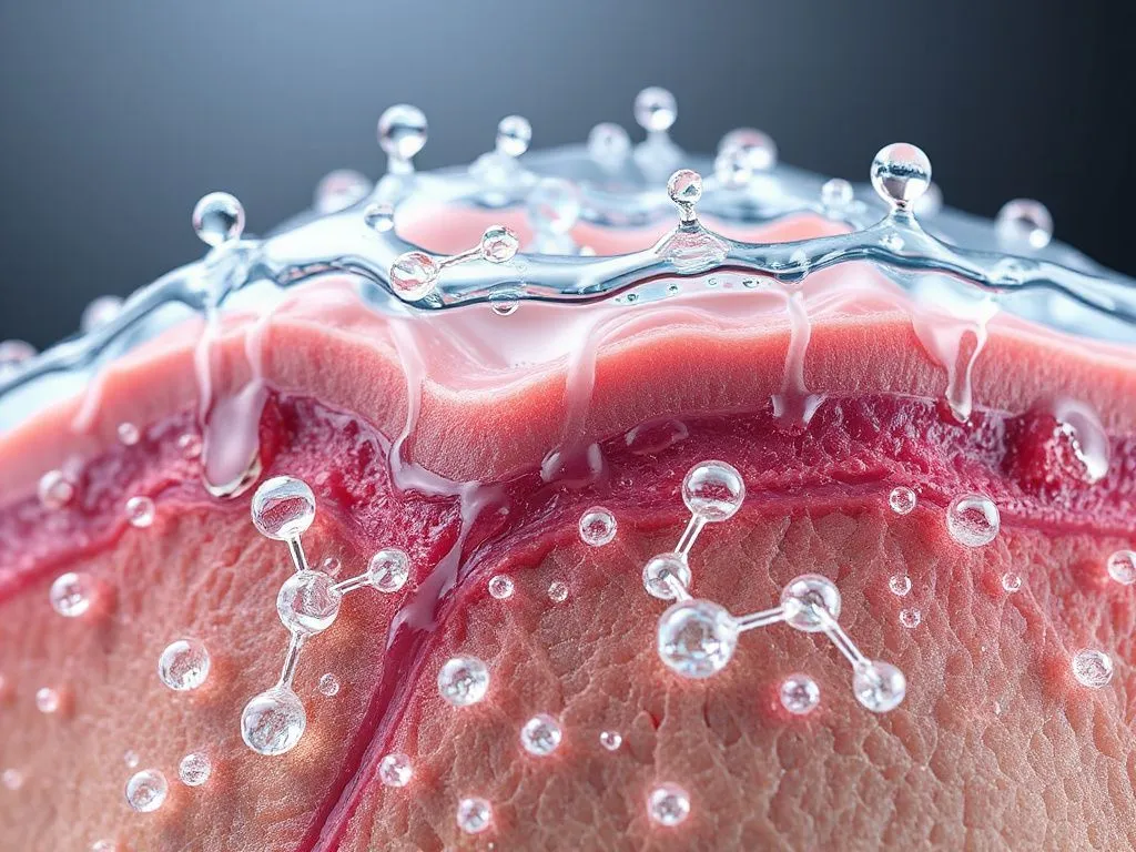 Artistic representation of water molecules binding to skin layers, detailed, photorealistic, scientific visualization, showing moisture retention