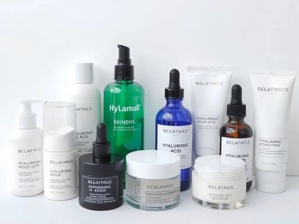 Assortment of hyaluronic acid skincare products, various forms and packaging, high quality, minimalist, clean background, showcasing creams, serums, and lotions