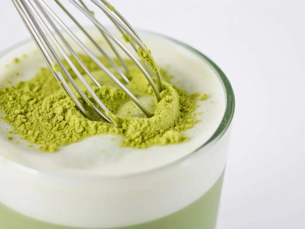 Close-up of matcha green powder being whisked into a frothy drink, detailed view, vibrant green color, clean and modern background