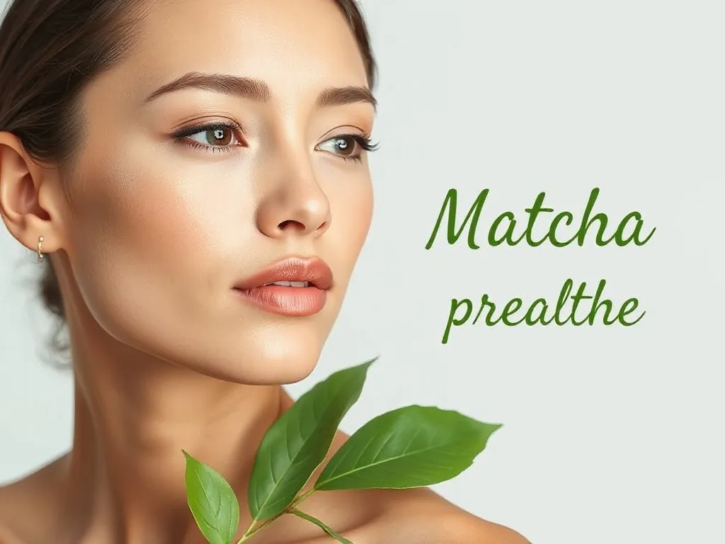 Elegant visual representation of a young woman with smooth, glowing skin, symbolizing matcha's benefits for skin health, clean background, high quality lighting