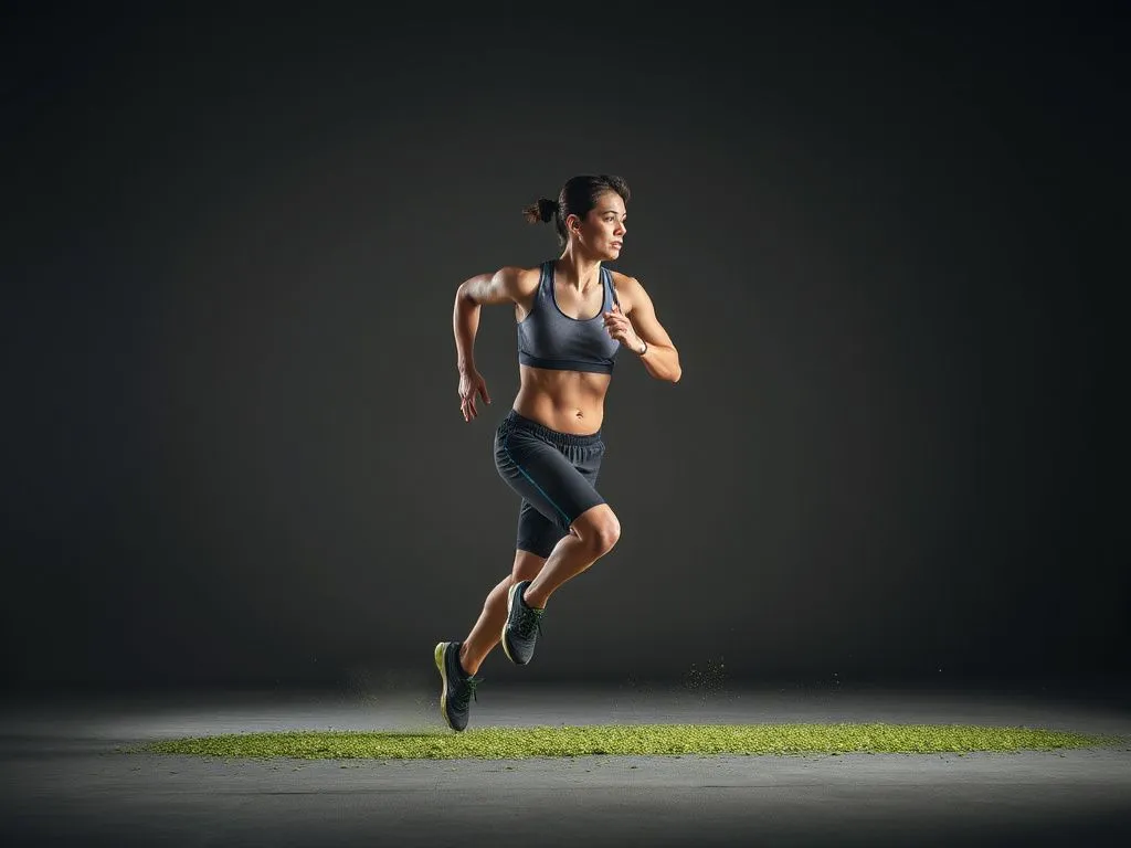 Photorealistic image of a person performing athletic activities like running, symbolizing increased metabolism and fat burning associated with matcha, professional photography style