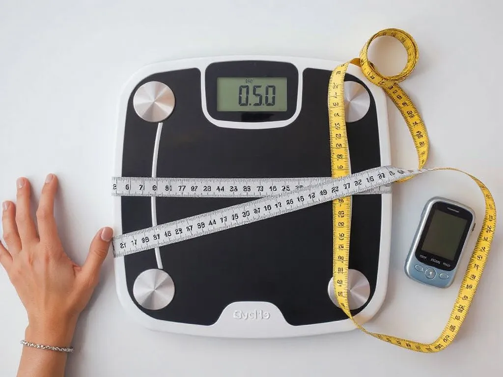 Detailed body measurement analysis, featuring a scale, measuring tape, and digital health devices, professional photography style, modern and clean background