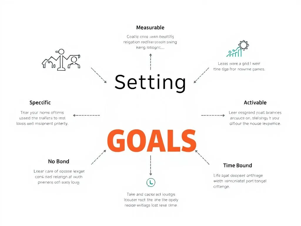 Concept of setting SMART goals, with graphics illustrating specific, measurable, achievable, relevant, time-bound criteria, modern infographic style, minimalist design