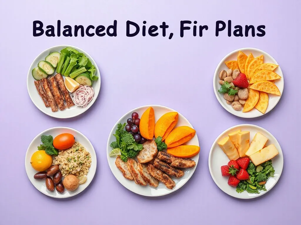 Visual representation of balanced diet plans, featuring plates with diverse food groups, photorealistic, high quality, vibrant colors, clean layout