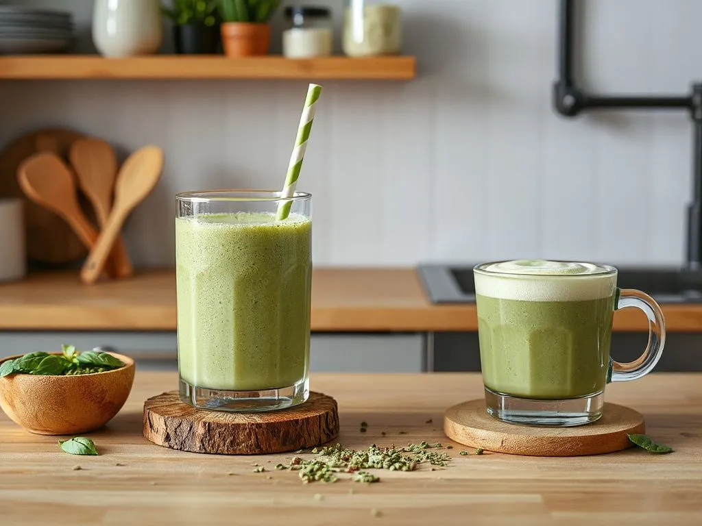 Creative ways of incorporating matcha into daily routine, photorealistic, kitchen setting, making matcha smoothies and lattes, vibrant and modern presentation