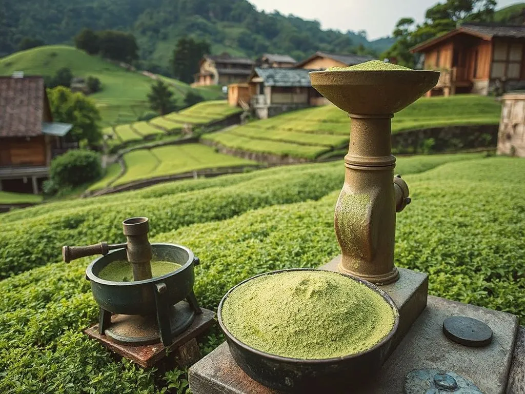 Traditional Japanese matcha cultivation and preparation, photorealistic, depicting lush green fields, meticulous grinding process, cultural heritage, serene atmosphere