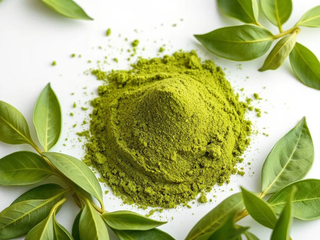 A detailed and clear image of matcha green tea powder along with fresh green tea leaves, indicating purity and concentration, showing its natural components photorealistically.