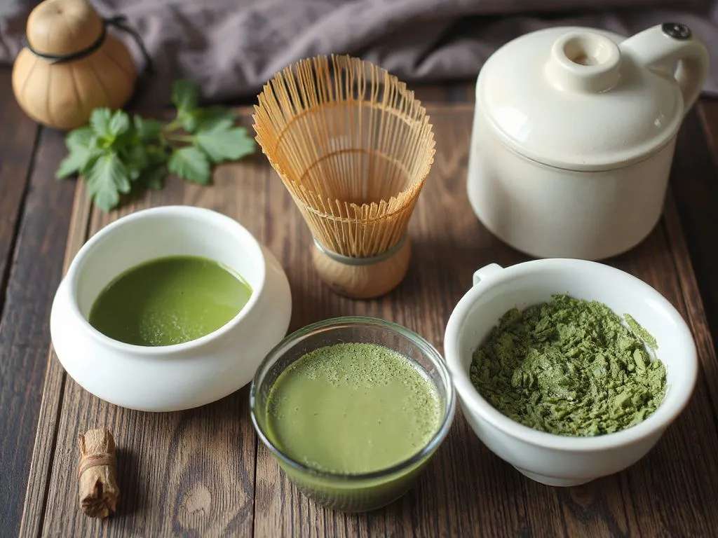 An energetic scene of matcha tea preparation, revealing the equipment like bamboo whisk and bowls, highlighting the traditional and healthy preparation methods in high detail.