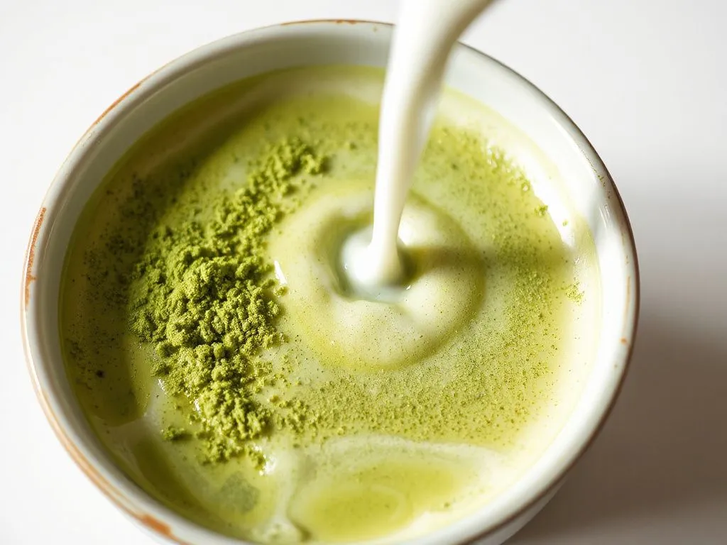 A serene image of a matcha latte being prepared with frothy milk and vibrant green matcha powder, showcasing its smooth texture and calming influence, with professional lighting.