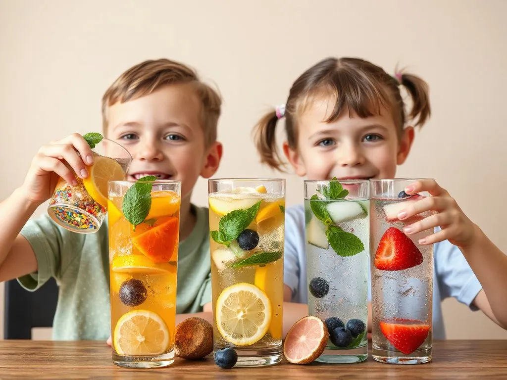 A boy and girl happily drinking colorful detox waters with fruit slices and mint leaves, photorealistic, playful and healthy setting, showing enjoyment and hydration. A boy and girl happily drinking colorful detox waters with fruit slices and mint leaves, photorealistic, playful and healthy setting, showing enjoyment and hydration.