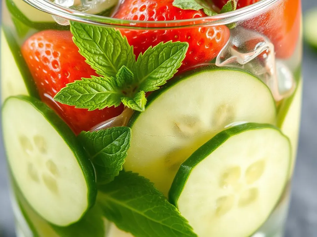 Close-up of detox water with cucumber slices, mint leaves, and strawberries in a transparent glass, detailed and vibrant, showing freshness and nutritional benefits. Close-up of detox water with cucumber slices, mint leaves, and strawberries in a transparent glass, detailed and vibrant, showing freshness and nutritional benefits.