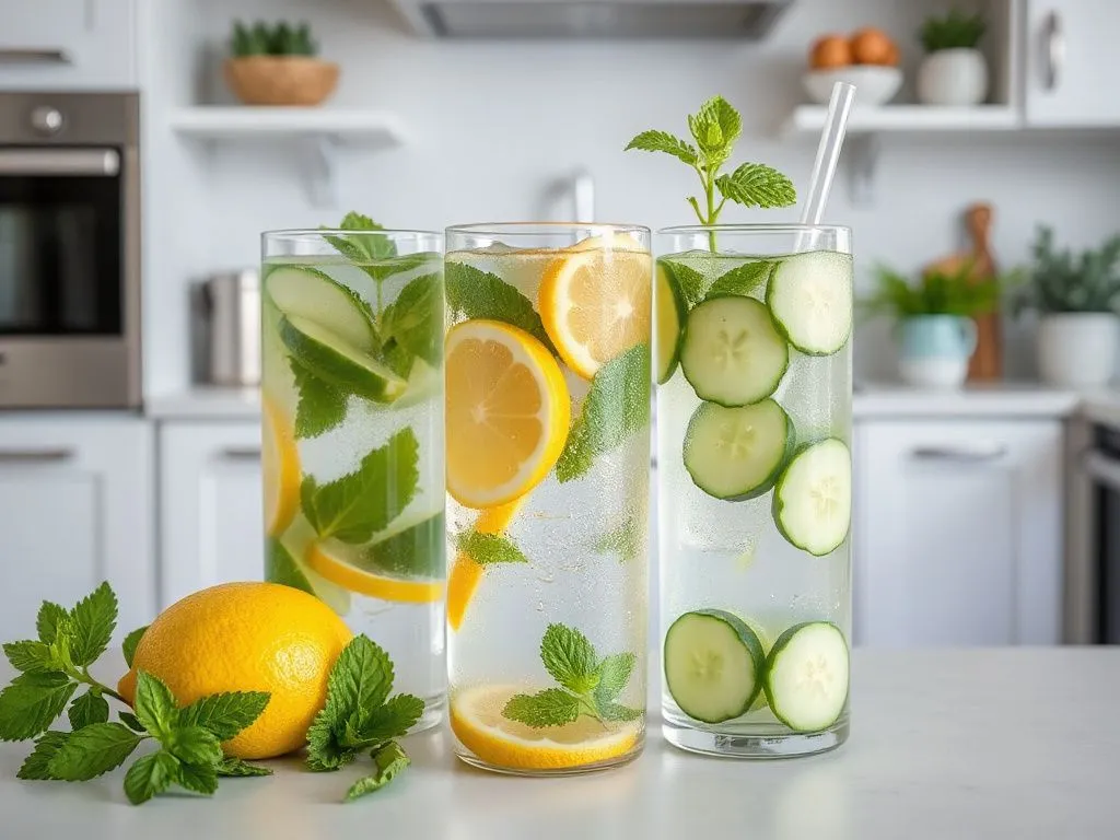 Freshly prepared detox waters with lemon, mint, and cucumber, displayed in a clean and organized kitchen setting, emphasis on natural and safe ingredients. Freshly prepared detox waters with lemon, mint, and cucumber, displayed in a clean and organized kitchen setting, emphasis on natural and safe ingredients.