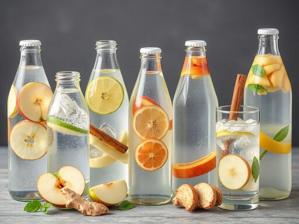 Variety of detox waters in glass bottles with fruits like apple slices, cinnamon sticks, and ginger, aesthetically arranged, highlighting natural goodness. Variety of detox waters in glass bottles with fruits like apple slices, cinnamon sticks, and ginger, aesthetically arranged, highlighting natural goodness.