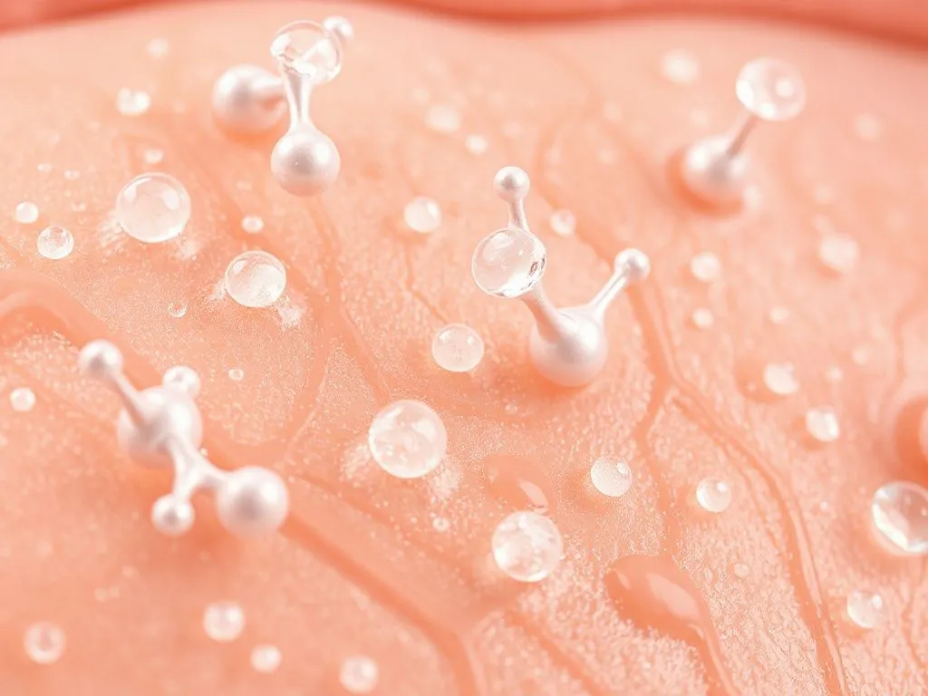 Close-up of collagen peptides and hyaluronic acid molecules interacting with skin, demonstrating elasticity and moisture retention, scientific illustration, high quality