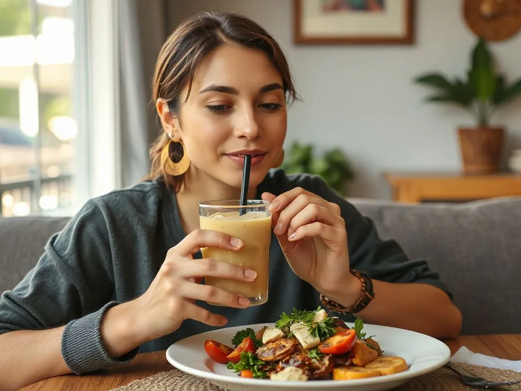 A person enjoying a healthy skin drink with a meal, capturing relaxed and natural setting, photorealistic, high quality, warm lighting