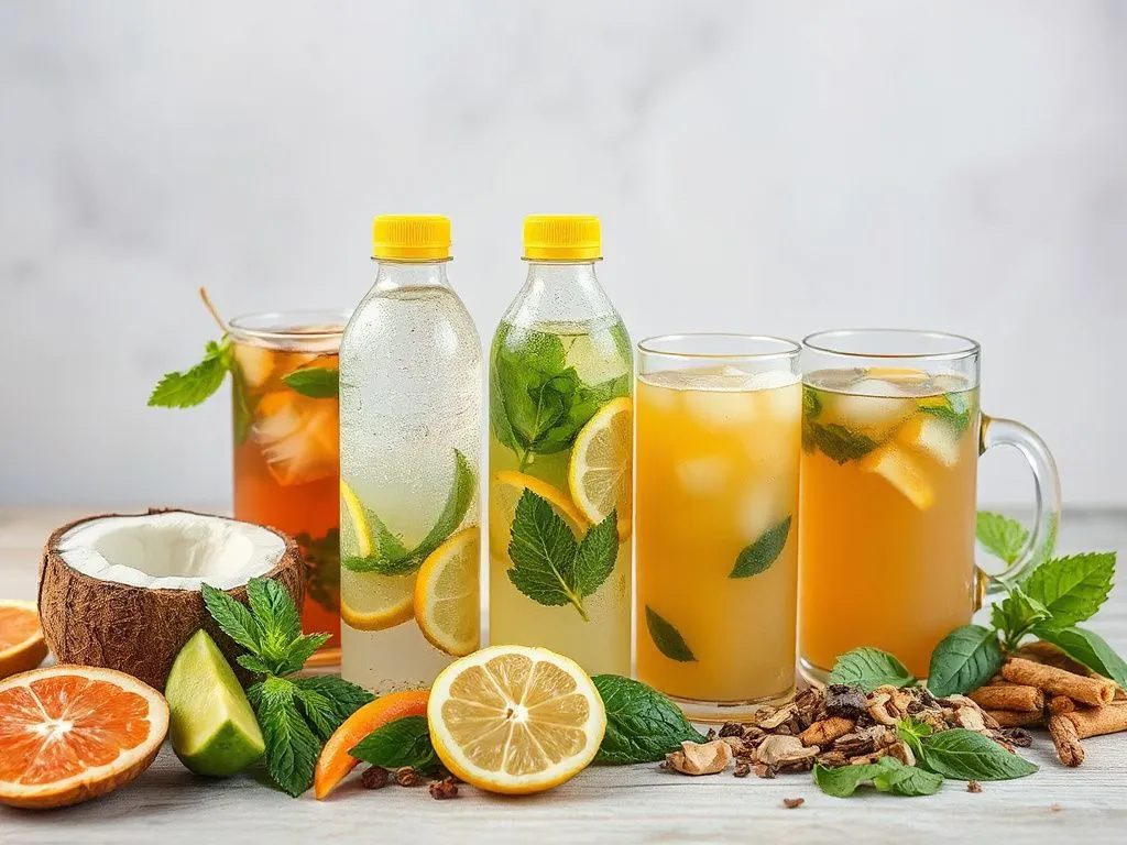 Selection of natural drinks like coconut water and herbal teas, emphasizing freshness and variety, photorealistic, high quality, natural lighting