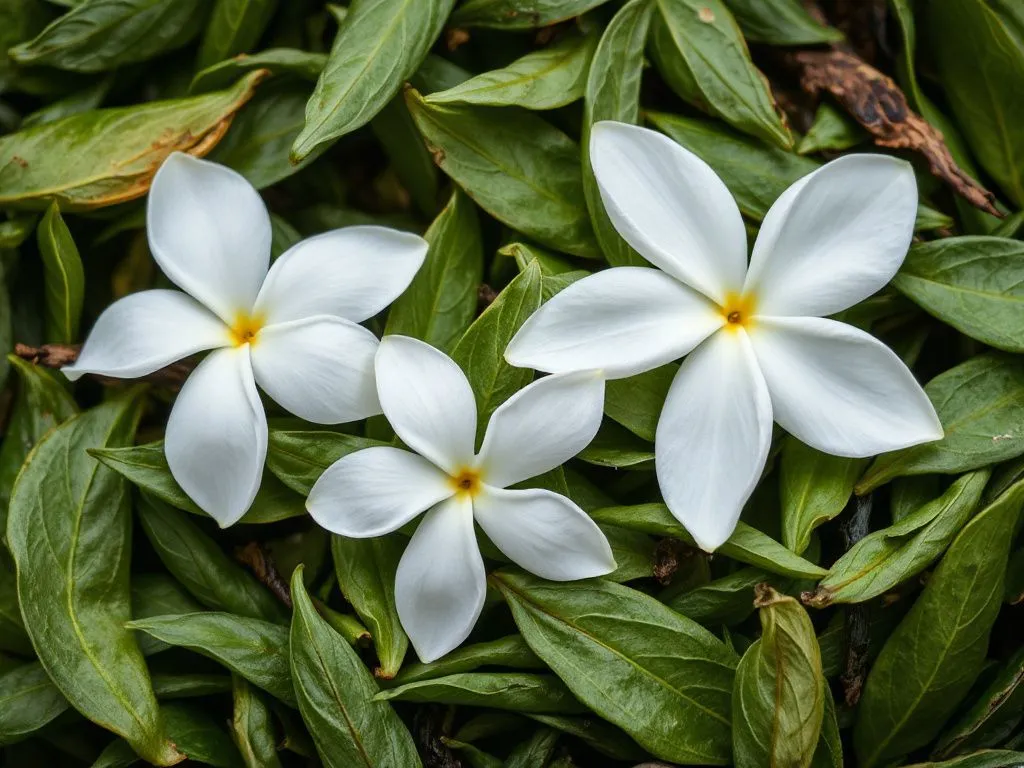 A detailed close-up of green tea leaves and jasmine flowers, high quality, professional photography, intricate textures and vibrant colors