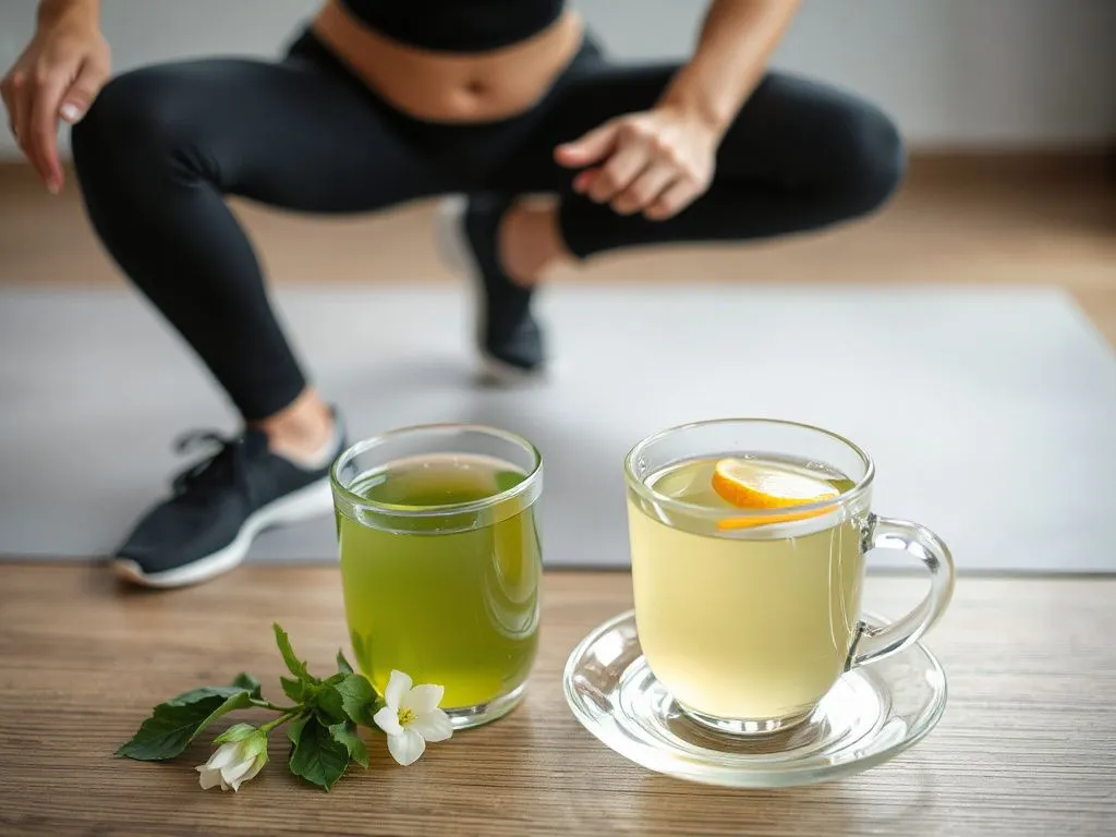 A dynamic image capturing a person exercising with a cup of green jasmine tea nearby, highlighting vitality and energy boost, professional photography style