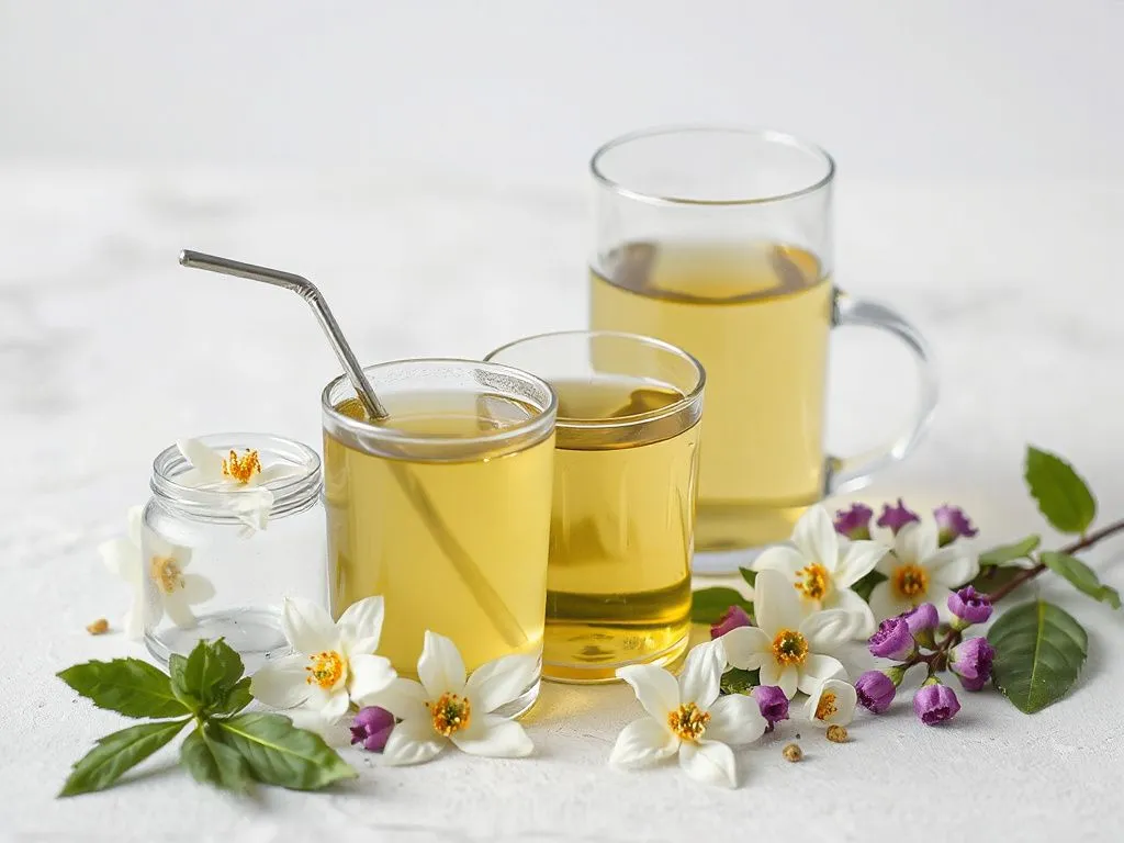 An elegant display of green tea and jasmine flowers in a cooling setup for cold infusion, professional style, clean and fresh aesthetic