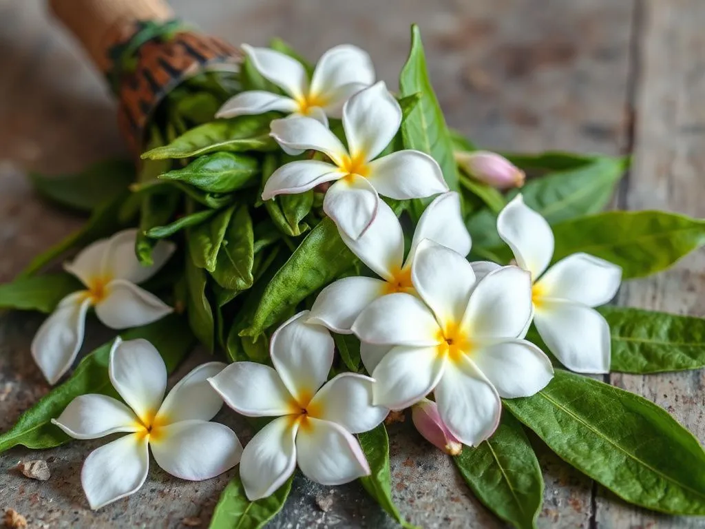 Jasmine flowers and green tea leaves arranged artistically on a table, high quality, detailed textures, natural lighting, highlighting freshness and aromatic appeal