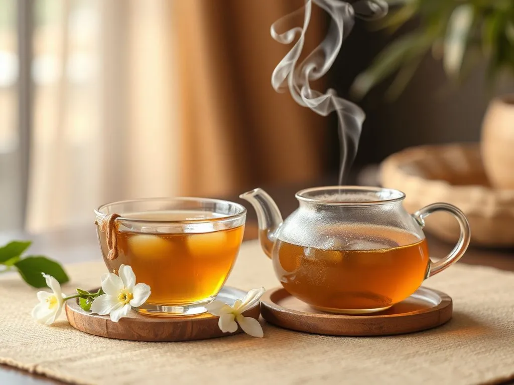 A warm and comforting setting with a cup of jasmine tea next to a teapot, stylized steam curling upward, rich colors, professional lighting, emphasizing relaxation and mindfulness