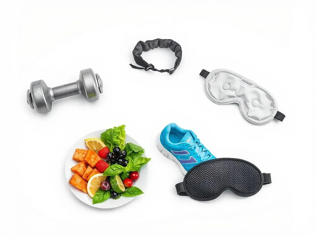Conceptual image of a balanced lifestyle: weights, running shoes, fresh meal, and sleep mask arranged symbolically to represent comprehensive wellness.