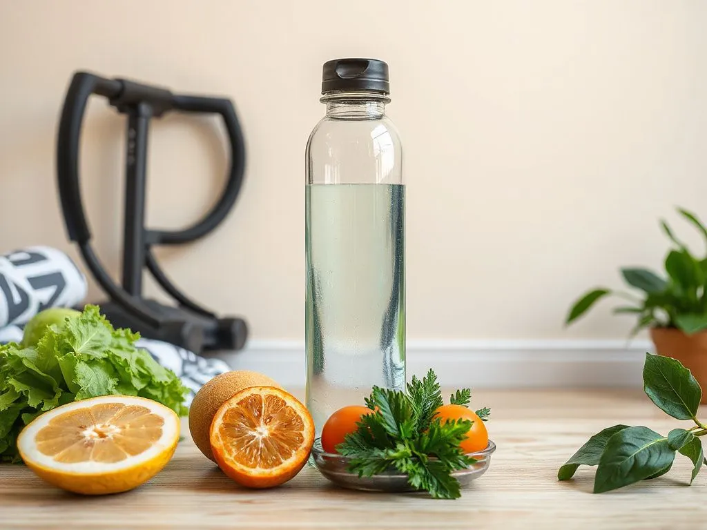 Image displaying a harmonious blend of exercise equipment, water bottle, calm relaxation area, and fresh food to convey a sustainable approach to health.