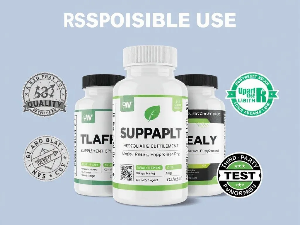 Graphic showing responsible use of supplement bottles, emphasizing quality seals, labels, and third-party test endorsements.