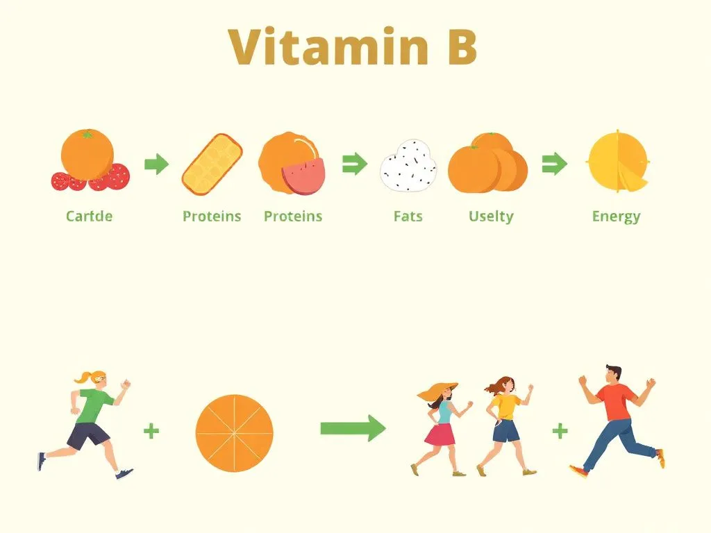Illustration of energy conversion icons related to Vitamin B: carbohydrates, proteins, and fats transforming into usable energy, along with active, energetic figures.