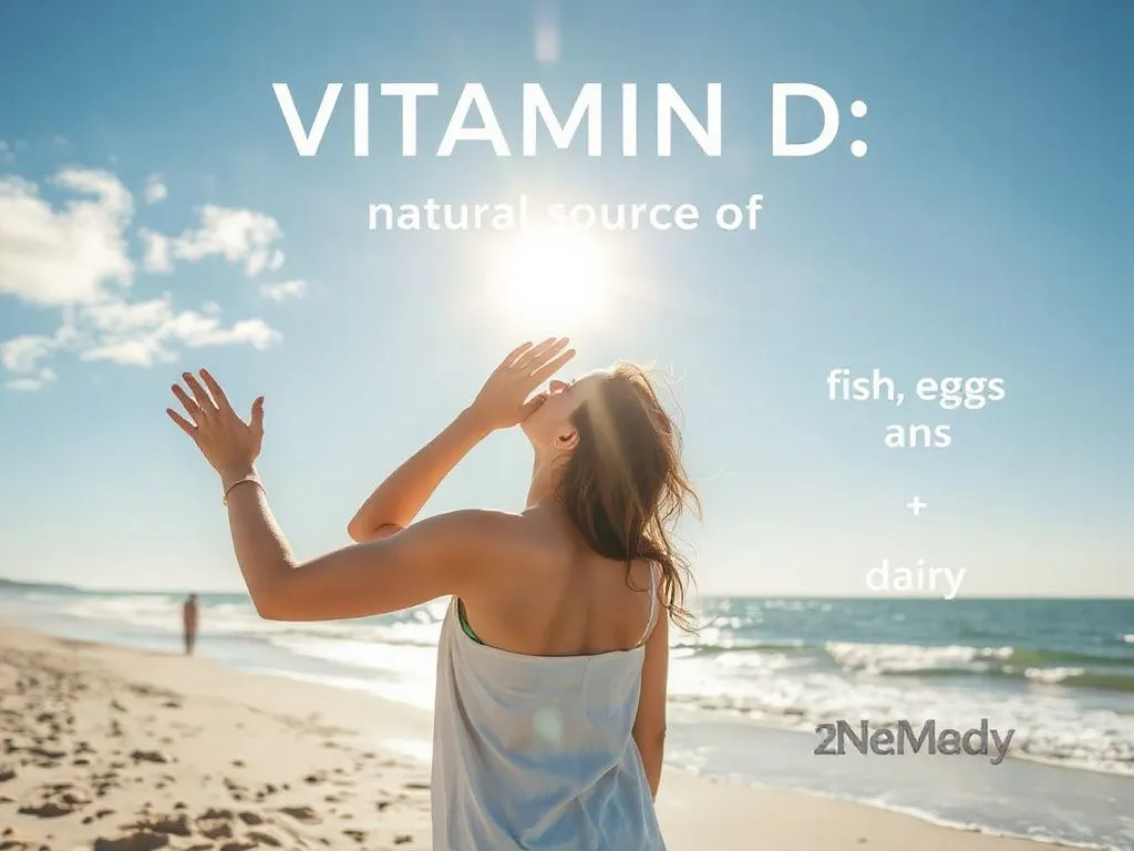 A sunny outdoor scene showing someone absorbing sunlight on a beach, highlighting natural sources of Vitamin D like fish, eggs, and dairy.