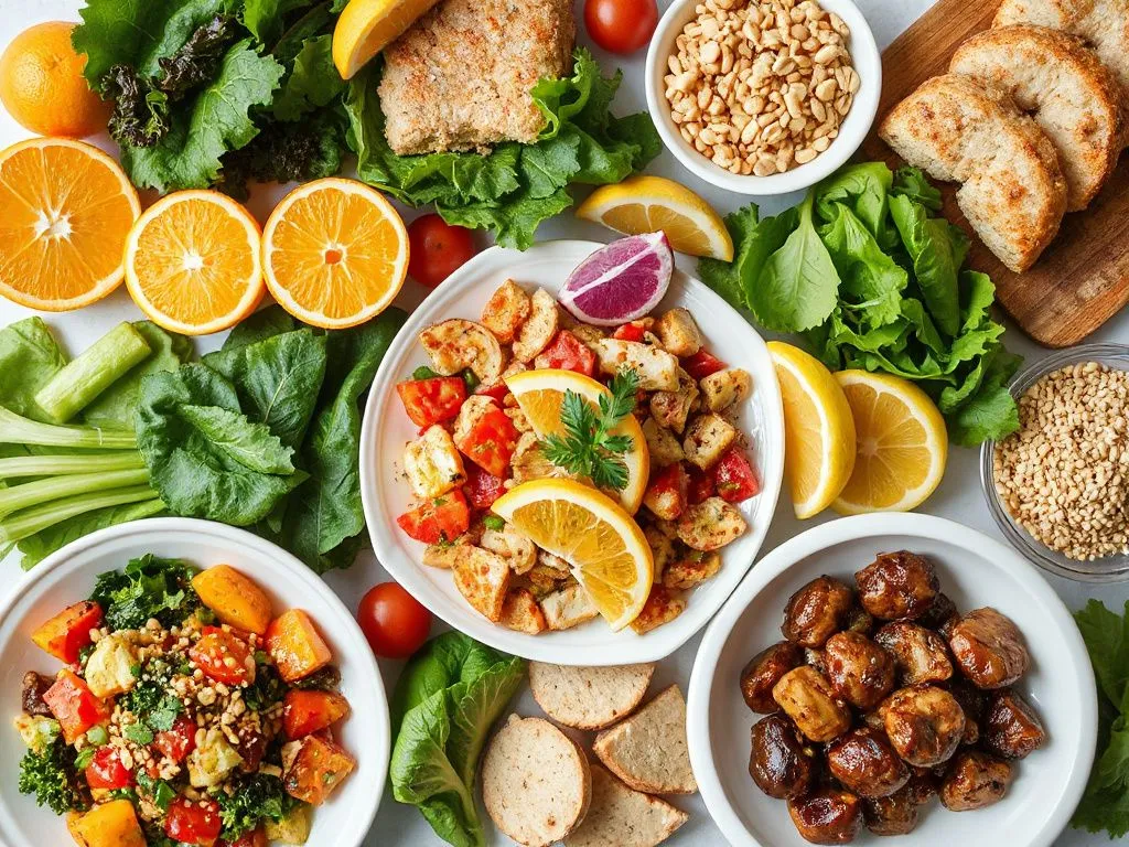 Variety of colorful meals rich in vitamins, including leafy greens, citrus fruits, whole grains, and high-quality proteins, presenting an appealing and balanced diet.