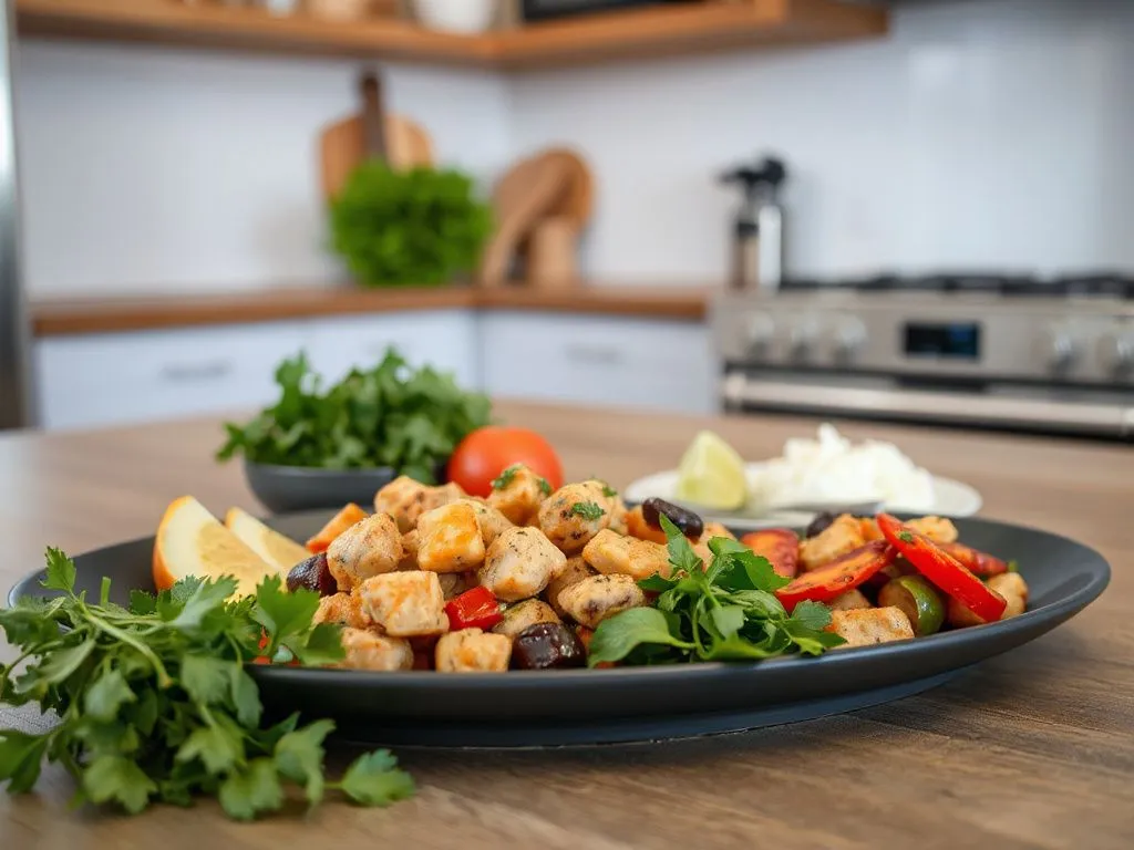 A balanced meal with herbs, colorful plating, featuring greens, proteins, and fibers, set up in a modern kitchen setting A balanced meal with herbs, colorful plating, featuring greens, proteins, and fibers, set up in a modern kitchen setting