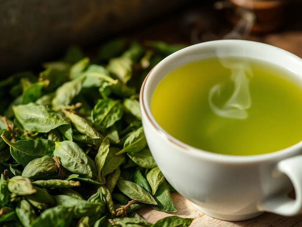 Close-up of green tea leaves and a steaming cup of green tea, professional photography style, with natural lighting capturing the warmth and aroma Close-up of green tea leaves and a steaming cup of green tea, professional photography style, with natural lighting capturing the warmth and aroma