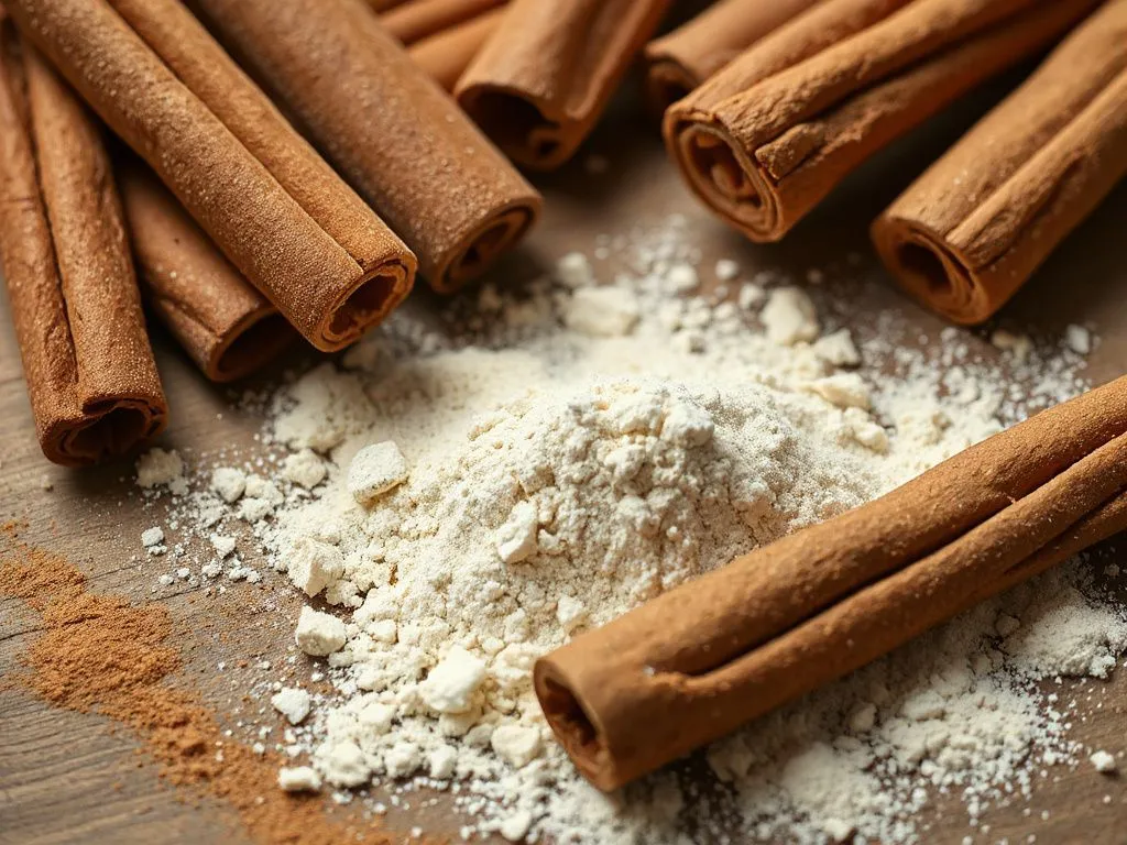 Detailed composition image of cinnamon sticks and powder, professional lighting, highlighting texture and grain Detailed composition image of cinnamon sticks and powder, professional lighting, highlighting texture and grain