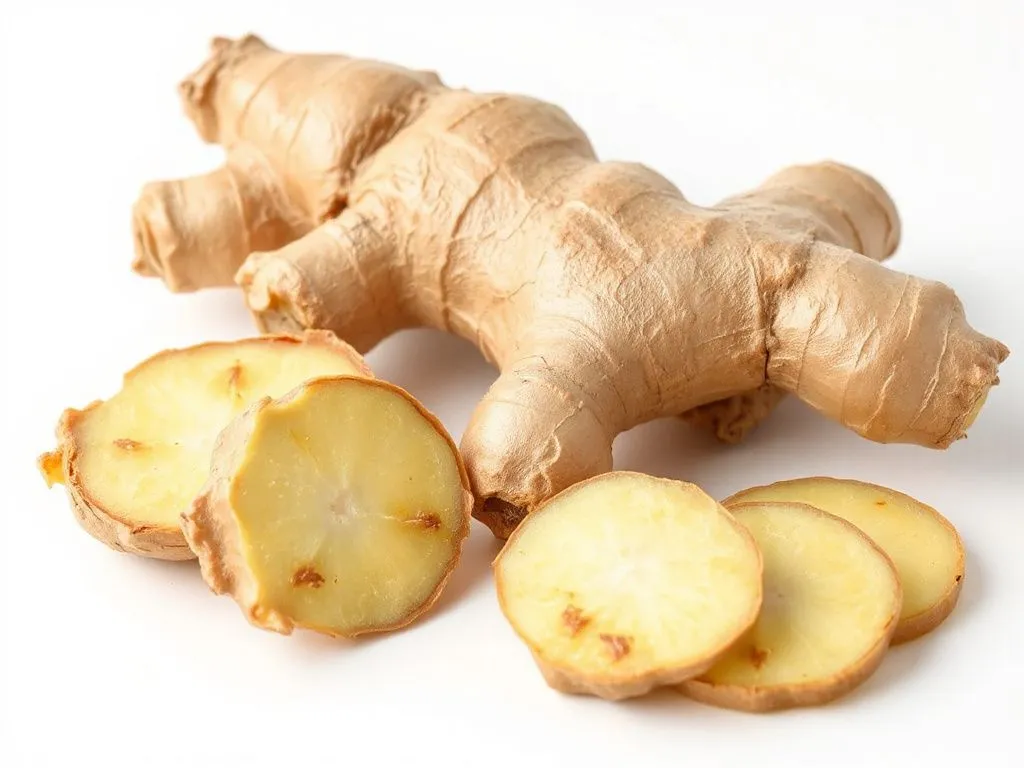 High-quality image of fresh ginger root and slices, showcasing texture and color, crisp details, on a clean background High-quality image of fresh ginger root and slices, showcasing texture and color, crisp details, on a clean background