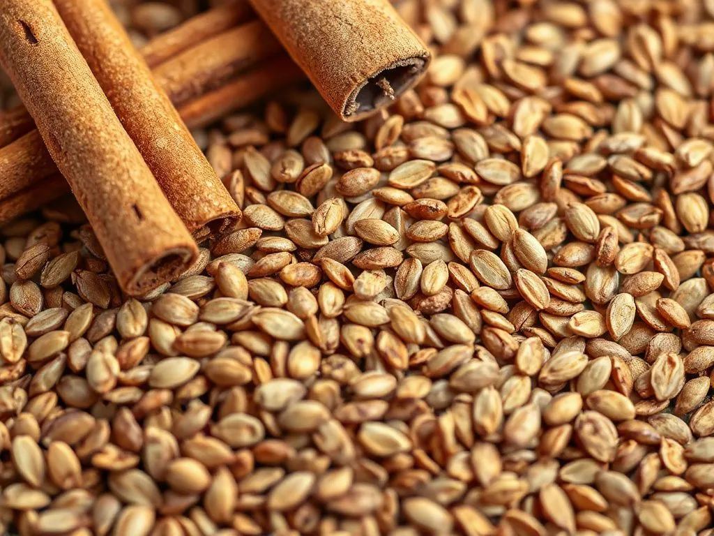 Close-up of flax seeds and cinnamon sticks, detailed texture, professional photography