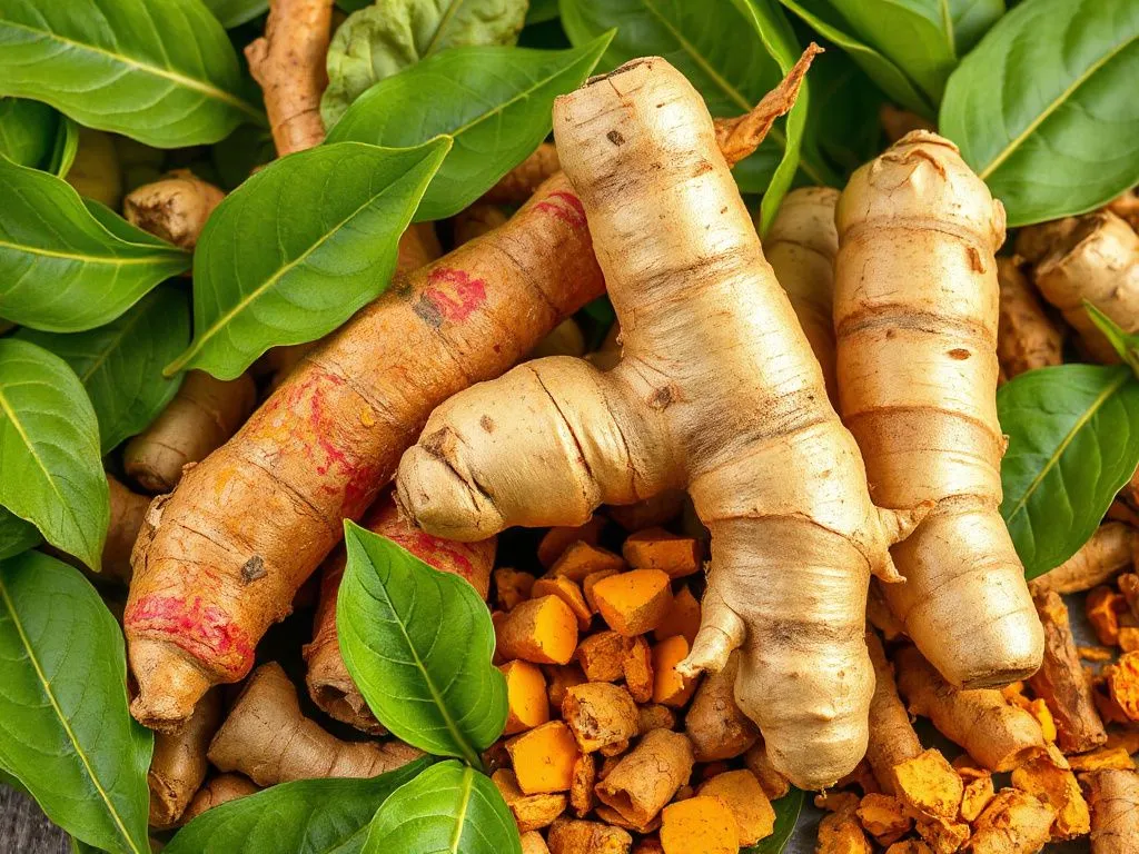 Ginger and turmeric roots with green tea leaves, detailed, vibrant colors, professional photography style