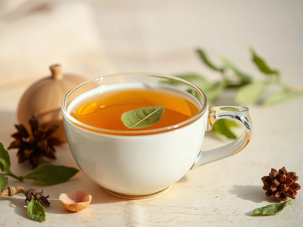 Herbal tea in a cup with a simple and elegant setting, warm colors, photorealistic