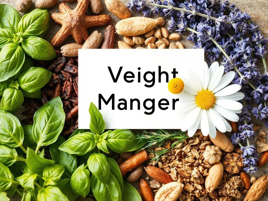 Herbs and spices for weight management including basil, chamomile, and lavender, photorealistic, detailed view