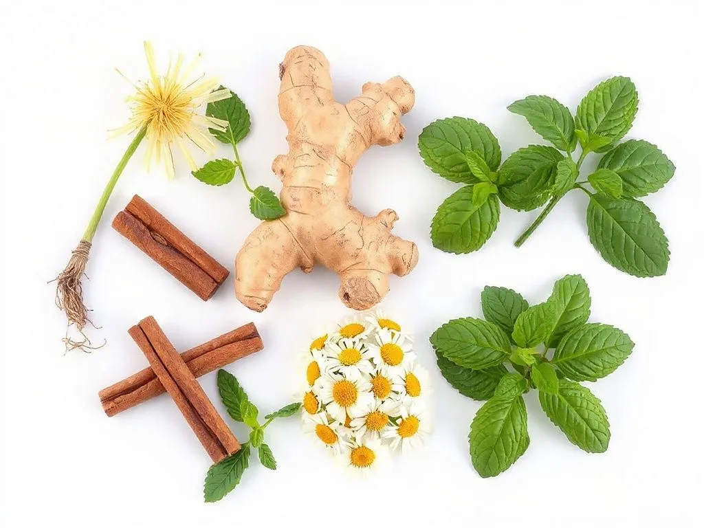 Selection of herbs like dandelion, ginger, cinnamon, mint, and chamomile on a clean background, photorealistic, detailed